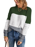 Green Womens Color Block Sweaters Long Sleeve Crewneck Pullover Knit Jumper Tops - Dokotoo