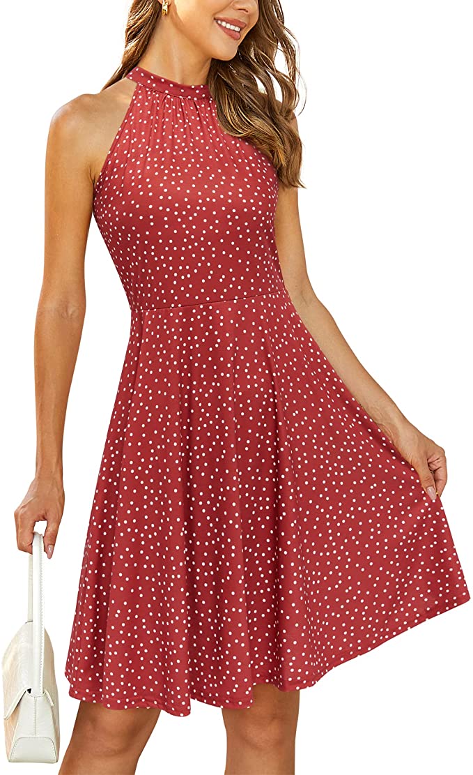 Blue Floral-38 Women's Halter Neck Floral Summer Casual Sundress - OUGES | Women's Casual Dresses