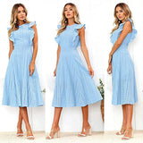 Blue Womens Dresses Elegant Ruffles Cap Sleeves Summer A-Line Midi Dress - ECOWISH | Women's Cocktail Dresses