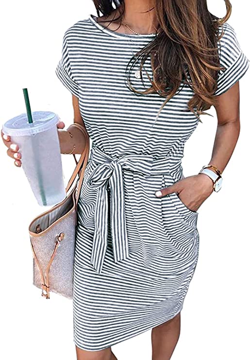 Dusty Blue Women's Summer Striped Short Sleeve T Shirt Dress Casual Tie Waist Midi Dress - MEROKEETY | Women's Casual Dresses