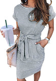 Dusty Blue Women's Summer Striped Short Sleeve T Shirt Dress Casual Tie Waist Midi Dress - MEROKEETY | Women's Casual Dresses