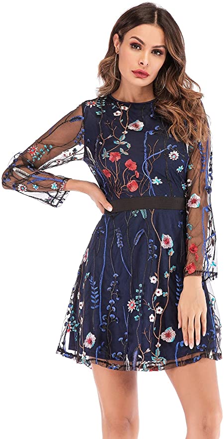 Navy Women's Floral Embroidery Mesh Round Neck Tunic Party Dress - Milumia | Women's Casual Dresses