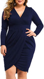 Dark Blue Womens Plus Size Long Sleeves & Sleeveless Deep V Neck Bodycon Wrap Dress With Front Slit - Laolasi