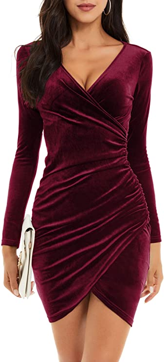 Wine Womens Wrap V Neck Long Sleeve Velvet Bodycon Ruched Cocktail Party Dress - Guberry | Women's Formal Dresses