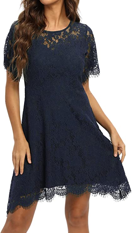 Navy Women's Elegant Round Neck Short Sleeve A-Line Lace Dress - ALLANDWELL | Women's Cocktail Dresses