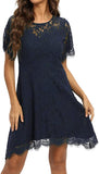 Navy Women's Elegant Round Neck Short Sleeve A-Line Lace Dress - ALLANDWELL | Women's Cocktail Dresses