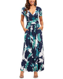 Blue Green Floral Ladies Summer Casual V Neck Short Long Sleeve Floral Pattern Wrap Ladies Maxi Long Dress with Pockets - OUGES | Women's Evening Gowns
