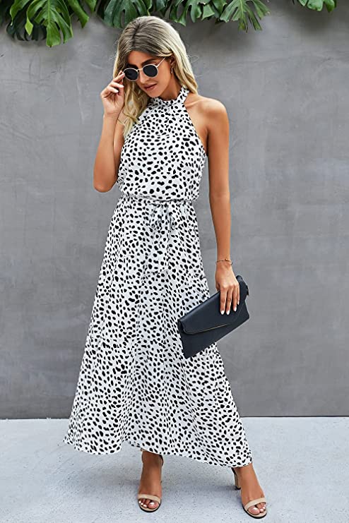 Z White Women's Casual Halter Neck Sleeveless Floral Long Maxi Dress Backless Loose Ruffle Sundress with Belt - PRETTYGARDEN | Women's Formal Dresses