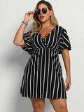 Black Women's Plus Size Striped Print Wrap V Neck Short Sleeve A Line Dress - Floerns | Women's Formal Dresses