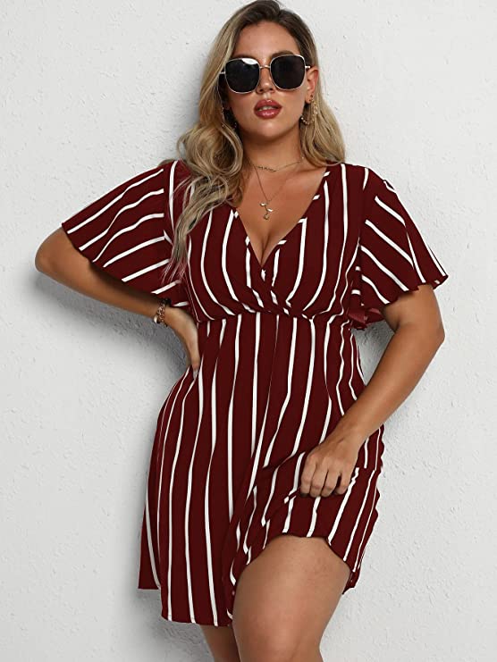 Burgundy Women's Plus Size Striped Print Wrap V Neck Short Sleeve A Line Dress - Floerns | Women's Formal Dresses