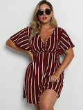 Burgundy Women's Plus Size Striped Print Wrap V Neck Short Sleeve A Line Dress - Floerns | Women's Formal Dresses