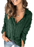 Green Women Pompom Button Down Shirt Casual Blouse Top - Astylish | Women's Tops and Blouses