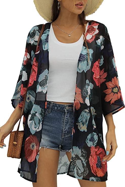 Black Flower Women's Floral Print Puff Sleeve Kimono Cardigan Loose Cover Up Casual Blouse Tops - Chicgal | Women's Cardigan