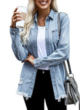 Sky Blue Women's Oversized Denim Jacket Casual Long Boyfriend Distresse Jean Jacket Autumn Spring - Dokotoo