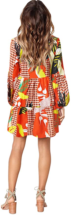 Printed Geometry Orange Long Sleeve Women Summer Tunic Dress V Neck Casual Loose Flowy Swing Shift Dresses - Amoretu | Women's Casual Dresses