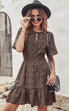 Leopard Women's Summer Boho Short Dresses Floral Print Tie Neck Short Sleeve Elastic High Waist Ruffle Mini Skater Dress Khaki - Prettygarden | Women's Casual Dresses