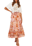 Peach Women's Bohemian Floral Printed Elastic Waist A Line Maxi Skirt with Pockets - ZESICA | Women's Casual Dresses