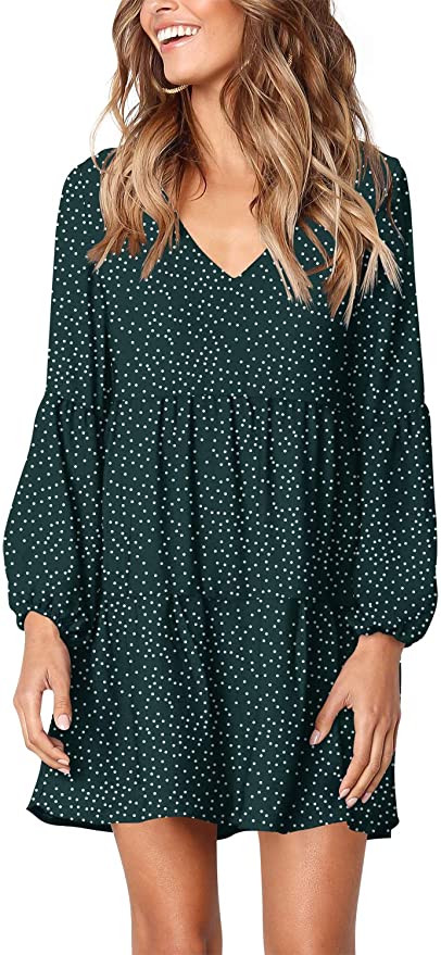 Polka Dot Green Long Sleeve Women Summer Tunic Dress V Neck Casual Loose Flowy Swing Shift Dresses - Amoretu | Women's Casual Dresses