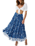 Darkblue Women's Bohemian Floral Printed Elastic Waist A Line Maxi Skirt with Pockets - ZESICA | Women's Casual Dresses