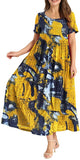 Blue Yellow Women Casual Loose Bohemian Floral Dress with Pockets Short Sleeve Long Maxi Summer Beach Swing Dress - Yesno | Women's Casual Dresses