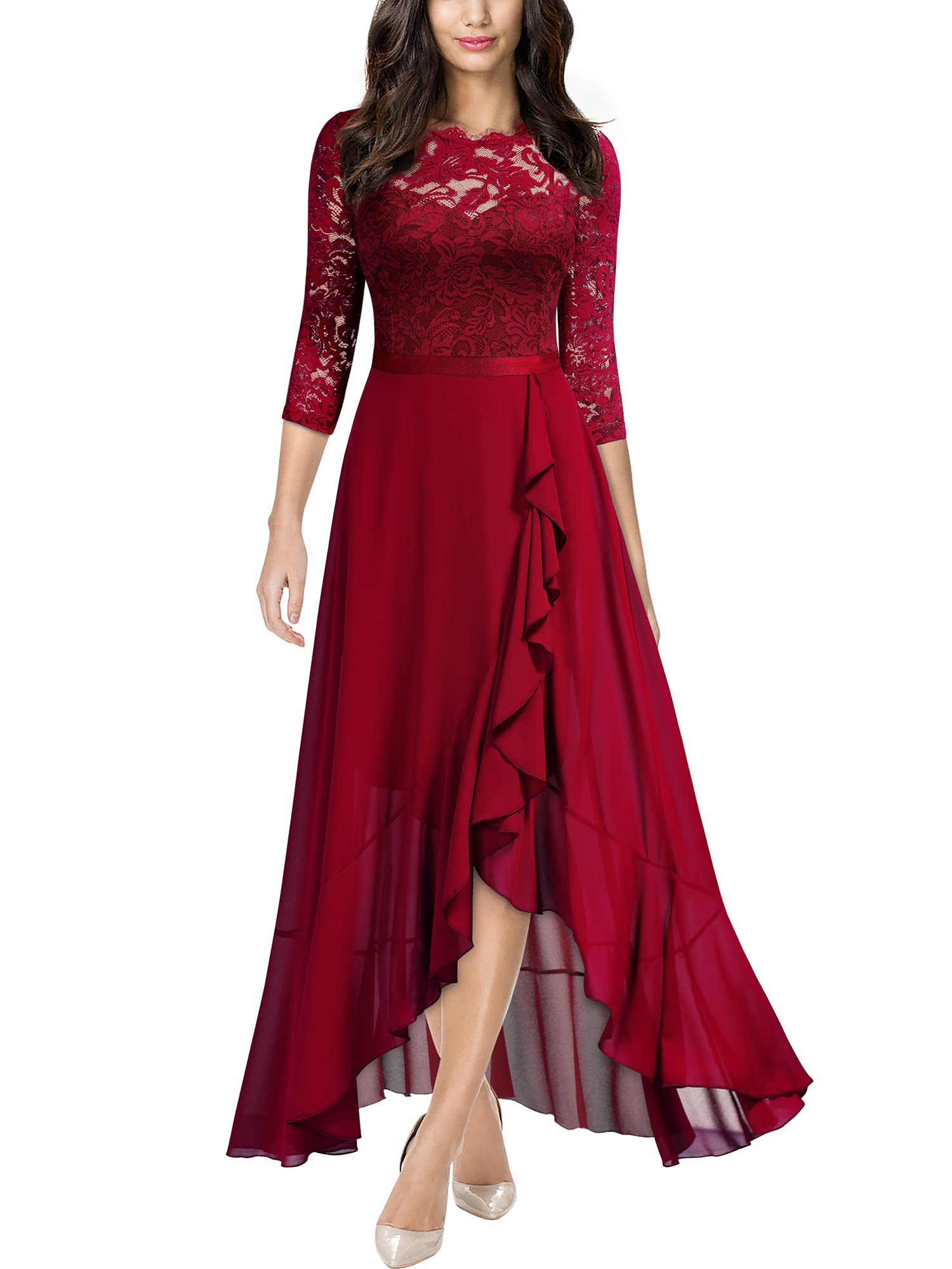 Red Ladies Elegant Scoop Neck Floral Lace Formal Wedding Maxi Dress - MIUSOL