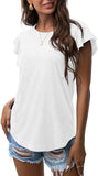 White Ruffle Short Sleeve Top Waffle Knit Tunic Casual Blouse Round Neck Shirts Summer Tank Tops for Women - IWOLLENCE | Women's Tops and Blouses