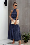 Navy Women's Casual Halter Neck Sleeveless Floral Long Maxi Dress Backless Loose Ruffle Sundress with Belt - PRETTYGARDEN | Women's Formal Dresses