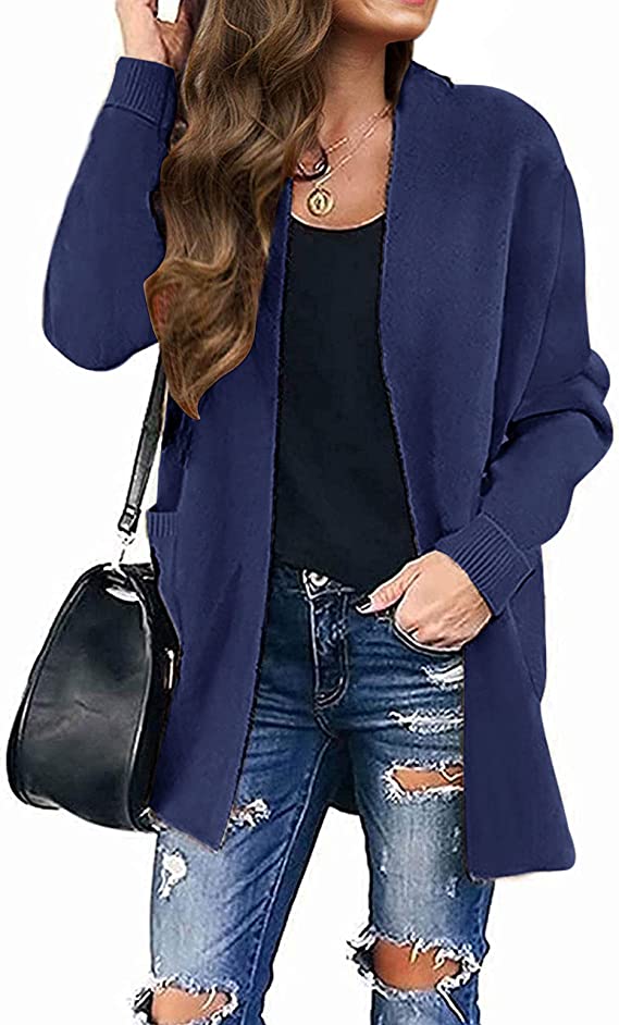 Solid Navy Women s Open Front Leopard Knit Cardigan Sweaters Pockets L Original Brand