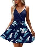Navy Leaves Womens V-Neck Spaghetti Strap Bowknot Backless Sleeveless Lace Mini Swing Skater Dress - Ecowish | Women's Casual Dresses