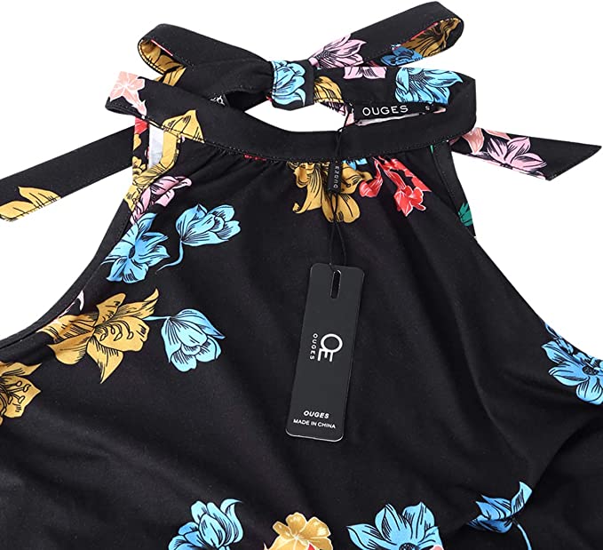 Black Floral-10 Women's Halter Neck Floral Summer Casual Sundress - OUGES | Women's Casual Dresses