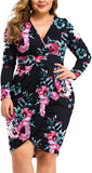 Floral Black Womens Plus Size Long Sleeves & Sleeveless Deep V Neck Bodycon Wrap Dress With Front Slit - Laolasi