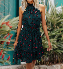 Leopard Dark Green Women Floral Dresses Casual Summer Sleeveless Halter Neck Ruffle Belt Boho Polka Dot Leopard Print Sun Short Dress - BTFBM | Women's Casual Dresses