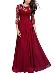 Red Ladies Wedding Style Lace Sleeve Bridesmaid Maxi Dress - MIUSOL