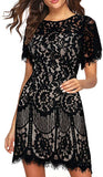 Black White Women's Elegant Round Neck V-Back Wedding Guest Floral Lace Cocktail Party A Line Dress - MSLG | Women's Cocktail Dresses