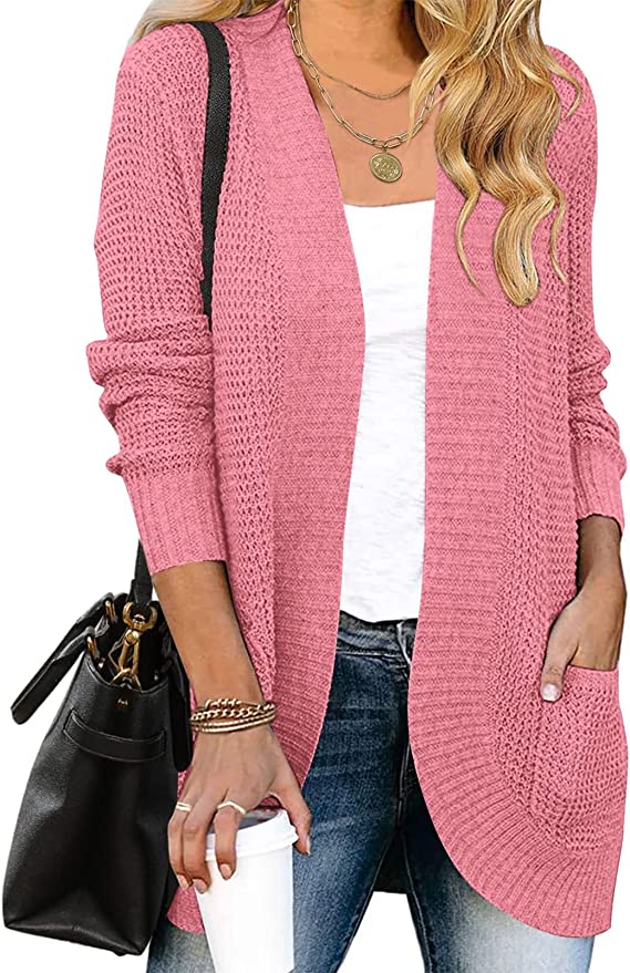 Dark Pink Women's Long Sleeve Open Front Casual Lightweight Soft Knit Cardigan Sweater Outerwear - ZESICA | Women's Cardigan