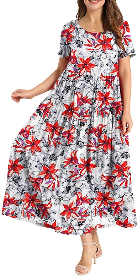 White Red Women Casual Loose Bohemian Floral Dress with Pockets Short Sleeve Long Maxi Summer Beach Swing Dress - Yesno | Women's Casual Dresses