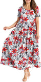 White Red Women Casual Loose Bohemian Floral Dress with Pockets Short Sleeve Long Maxi Summer Beach Swing Dress - Yesno | Women's Casual Dresses