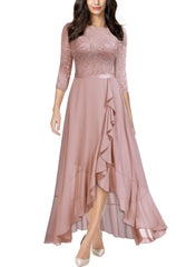 Pink Ladies Elegant Scoop Neck Floral Lace Formal Wedding Maxi Dress - MIUSOL