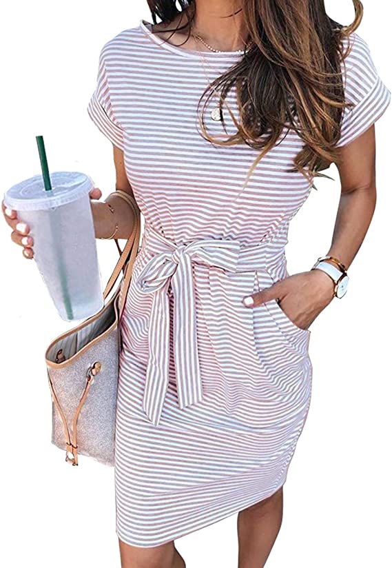 Dusty Pink Women's Summer Striped Short Sleeve T Shirt Dress Casual Tie Waist Midi Dress - MEROKEETY | Women's Casual Dresses