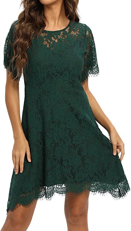 Green Women's Elegant Round Neck Short Sleeve A-Line Lace Dress - ALLANDWELL | Women's Cocktail Dresses