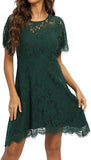 Green Women's Elegant Round Neck Short Sleeve A-Line Lace Dress - ALLANDWELL | Women's Cocktail Dresses