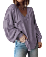 Solid Taro Purple Women's Casual V Neck Ribbed Knitted Shirts Pullover Tunic Tops Loose Balloon Sleeve Solid Color Blouses Top - BTFBM | Women's Tops and Blouses