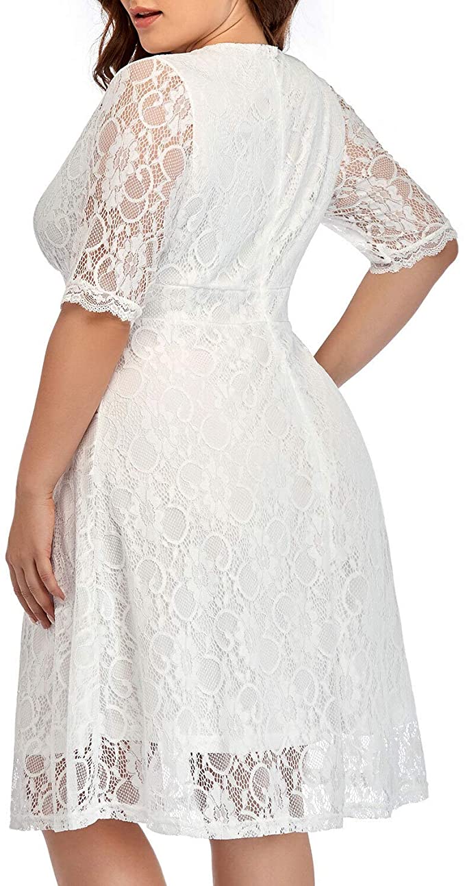 White Women Lace V Neck Plus Size Half Sleeve Knee Length Cocktail Wedding Guest Swing Dress - Pinup | Women's Cocktail Dresses