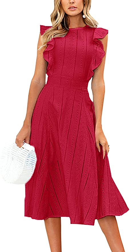 Red Womens Dresses Elegant Ruffles Cap Sleeves Summer A-Line Midi Dress - ECOWISH | Women's Cocktail Dresses