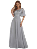 Women's Elegant Sequin Embroidery Short Ruffle Sleeve Tulle Bridesmaid Dress  - Sara Clothes