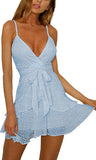 Blue Womens V-Neck Spaghetti Strap Bowknot Backless Sleeveless Lace Mini Swing Skater Dress - Ecowish | Women's Casual Dresses