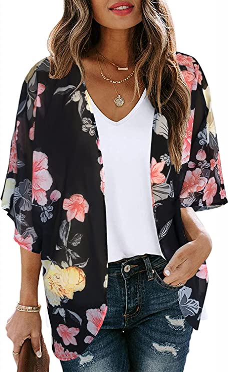 Black Flowers Print Women's Floral Print Puff Sleeve Kimono Cardigan Loose Cover Up Casual Blouse Tops - Chicgal | Women's Cardigan