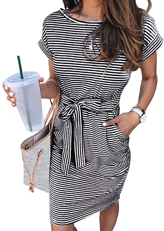 Black Women's Summer Striped Short Sleeve T Shirt Dress Casual Tie Waist Midi Dress - MEROKEETY | Women's Casual Dresses