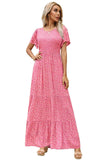 Pink Women's Round Neck Short Flutter Sleeve Smocked Ruffle Floral Maxi Dress - Kranda | Women's Formal Dresses
