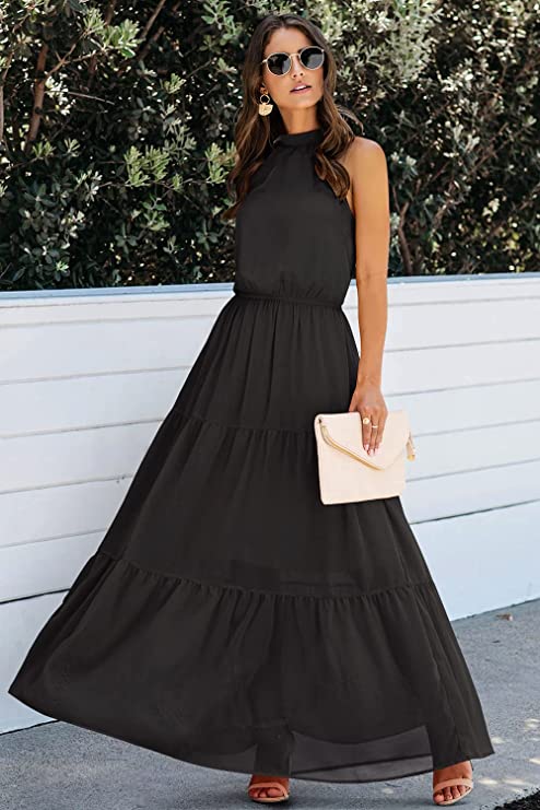 Y Black Women's Casual Halter Neck Sleeveless Floral Long Maxi Dress Backless Loose Ruffle Sundress with Belt - PRETTYGARDEN | Women's Formal Dresses